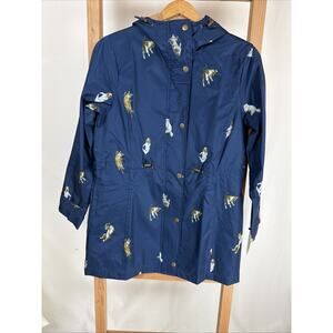 NWT Galleria Blue Animals Zip & Snap Hood Drawstring Rain Coat #0939 Size S
